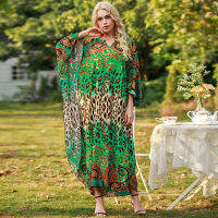 Vintage Bikini Cover-ups Plus Size Kaftan Boho Printed Summer Dress Green Cotton Tunic Women Beach Wear Swim Suit Cover Up A861