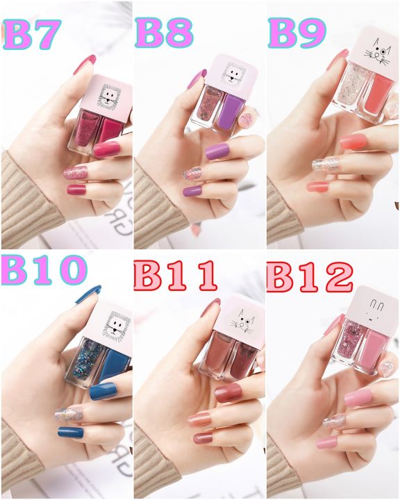 สีทาเล็บกึ่งเจล-2-in-1-สีทาเล็บ-น้ำยาทาเล็บ-แพ็คคู่-ยาทาเล็บ-ใช้งานง่าย-แห้งไว-ไม่ต้องอบ-พร้อมส่ง