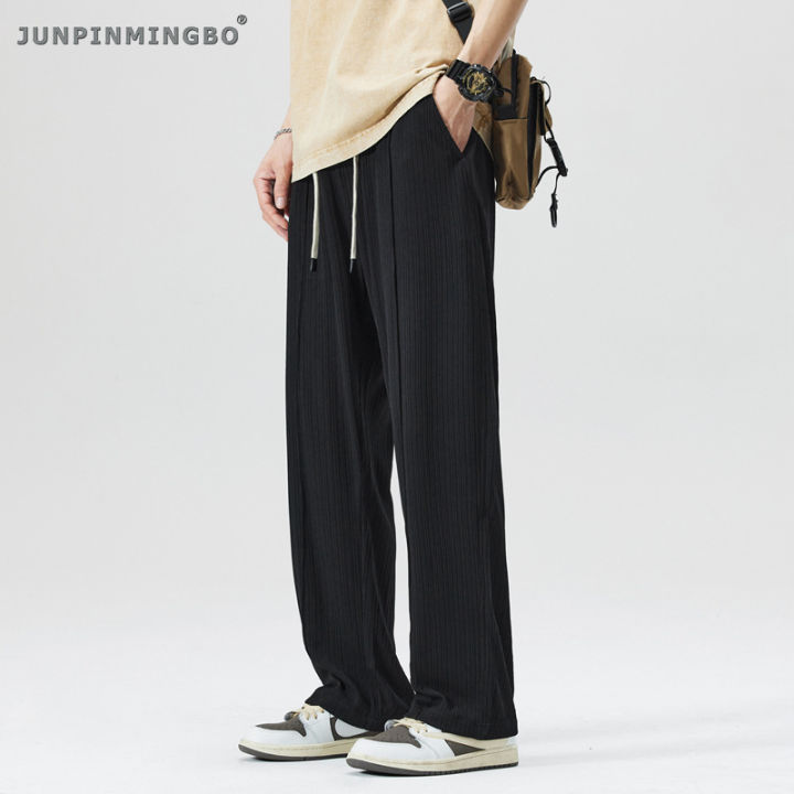 junpinmingbo-กางเกงผู้ชายหลวมสแล็คผ้าไหมไอซ์บางยืดหยุ่นได้-กางเกงวอร์มขายาวสำหรับเด็กผู้ชายกางเกงลำลองขากว้างสำหรับ2023ขายดี