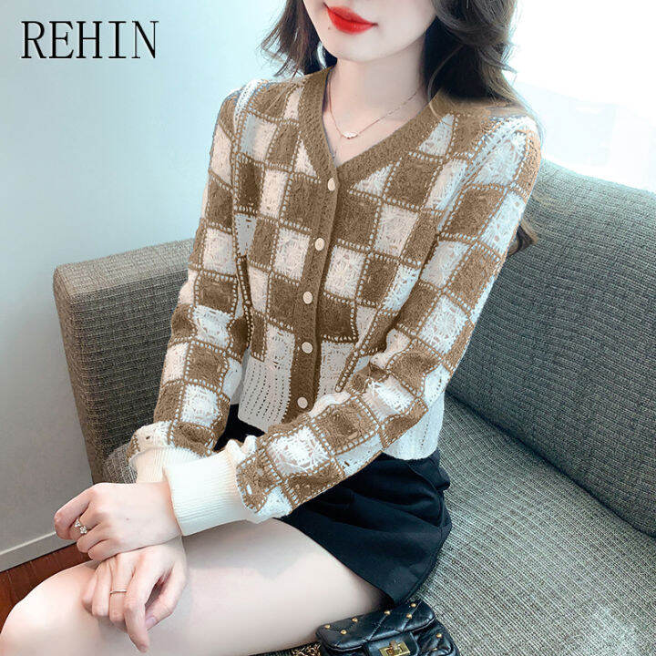 rehin-เสื้อสเวตเตอร์ถักคอวีแนววินเทจ-เสื้อผู้หญิงมาใหม่ล่าสุดทรงหลวมเย็บตกแต่งลายดอกไม้แขนยาวอเนกประสงค์