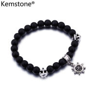 Kemstone สแตนเลสสีดำ Agate ลูกปัด Charm สร้อยข้อมือ Strand สร้อยข้อมือเครื่องประดับ Gift