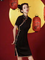 【CW】Women Black Cheongsam Lace Short Sleeve Vintage Dress Slim Daily Wear Elegant Chinese Traditional Short Qipao S To XXL