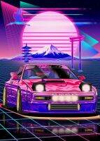 สาธิตแฟชั่นนิสสัน GTR โตเกียวถนนแข่ง Synthwave นีออนโปสเตอร์: ภาพวาดผ้าใบที่สมบูรณ์แบบสำหรับตกแต่งบ้าน,ผนังศิลปะ,ประดับห้อง