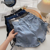 DUOHANZI กางเกง Celana Pendek Denim ทรงเอยืดมีเชือกผูกสำหรับฤดูร้อนกางเกงร้อนรัดรูปแบบมีขากว้างเอวสูง