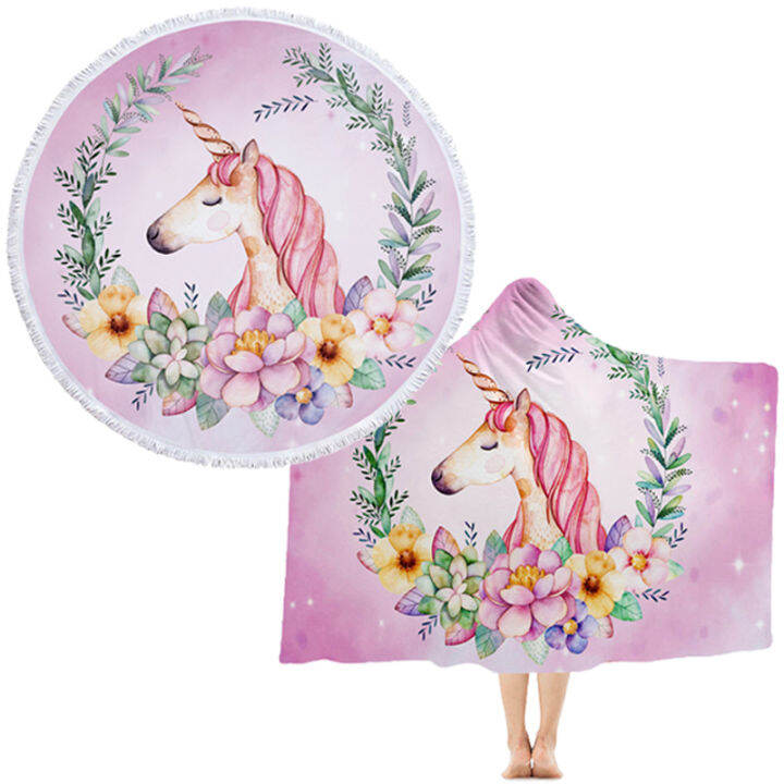 soft-microfiber-beach-towel-unicorn-printing-summer-hooded-beach-towel-swimming-bath-towel-adults-children-round-yoga-blanket