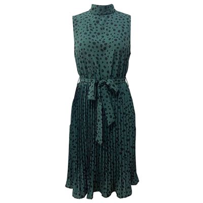 Stylish Casual Midi Dress ผู้หญิงจีบ Hem Ins เสือดาวพิมพ์ Belted Slim Fitting ชุดแขนกุดสำหรับฤดูร้อนทุกวัน Wear