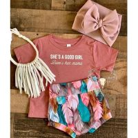 FOCUSNORM Lovely Baby Girls Clothes Sets 3pcs Letter Short Sleeve T Shirts+Colorful Feather Print Shorts + Headband  by Hs2023