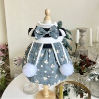 Autumn Winter Cotton Velvet Pet Dog Clothes Flower Print Cute Bow Rabbit Ear Handmade Princess Dress For Small Medium Dog Teddy Dresses