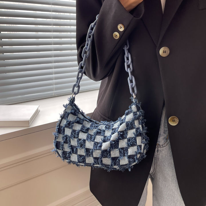 จัดส่งเร็ว-ผ้ายีนส์วินเทจสำหรับผู้หญิงกระเป๋าถือลายตารางสีฟ้ากระเป๋าสะพายเล็กสำหรับ-rantai-akrilik