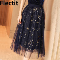 Flectit Gold Moon Star Embroidered Tulle Skirt Vintage Semi Sheer Fabric High Waist Pleated Midi Skirt For Women Ladies