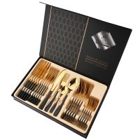 Black Gold 24Pcs Dinnerware Set Stainless Steel Flatware Tableware Cutlery Set Dinner Knife Fork Spoon Silverware Gift Box