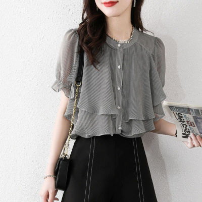 2022 New Korean Short-sleeved Chiffon Blouse Womens Summer Fashion Ruffled Striped Design Casual Thin Shirt