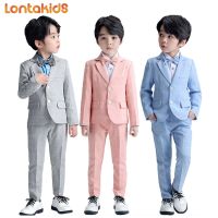 lontakids Kids Boys Formal Suit Long Sleeve Grey Blue Plaid Tuxedo Set Gentleman Children Birthday Wedding Party Suits Outfits For 2-14 Years ghs