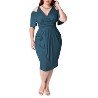 2021 Summer New Sexy Dress For Fat Female Plus Size Vintage Dress Women Blue Deep V Neck Hollow Out Tight Slim Midi Dress L-5XL