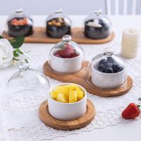 Ceramic Mixing Bowl Salad Plate with Glass Lid Creative Wood Tray Tableware Set Household Snack Dried Fruit Cake Ice Cream Plate