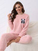 geegostudio Cute Panda Pullover &amp; Warm &amp; Fuzzy Lounge Pants, Comfy Casual Applique Sets, Womens Sleepwear