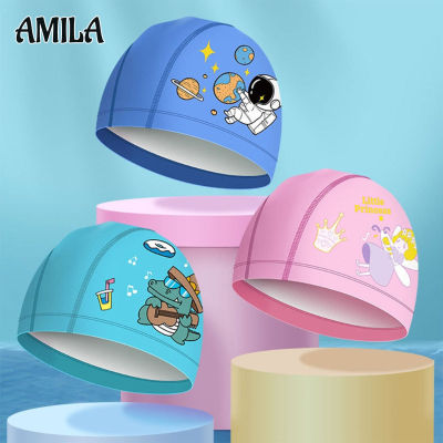 AMILA ที่ครอบหูรูปการ์ตูนน่ารักหมวกว่ายน้ำเด็กผู้ชายและเด็กผู้หญิงหมวกว่ายน้ำเคลือบ PU