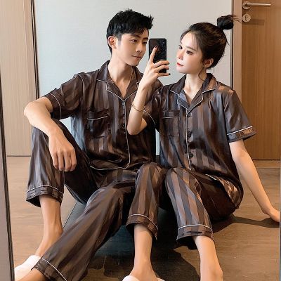 Uni Couple Silk Sleepwear Women Men Short Sleeve Long Pants Pajamas Nightwear Baju Tidur