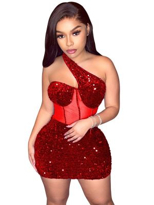 Mesh Sequin Prom Inclined Collar Dresses Night Club Outfits Evening Gowns For Women Party Sexy See Through Clubwear Short Dress