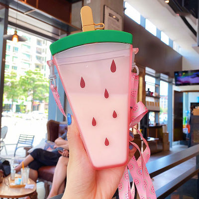 Creative Fruit Water Bottle Strap Portable Travel Watermelon Water Jug Plastic Straw Leak-Proof Juice Soda Cup Drinking Utensils