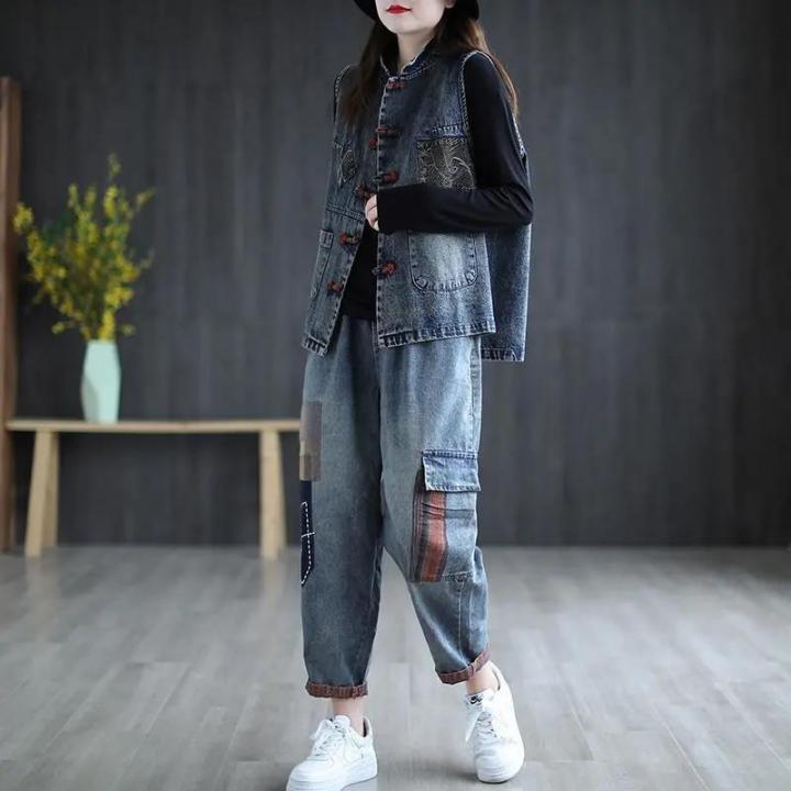 spot-denim-vest-for-women-autumn-new-artistic-retro-ethnic-style-large-size-slimming-casual-waistcoat-2023