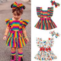 FOCUSNORM 1-6Y Lovely Infant Girls Dress Clothing 2pcs Ruffles Fly Sleeve Rainbow Printed A-Line Dress With Bowknot  by Hs2023