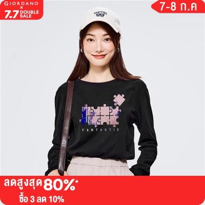 GIORDANO Women Huangshouyi Series T-Shirts Print Graphic Crewneck Simple Tee 100% Cotton Long Sleeve Casaul T-Shirts 99392152