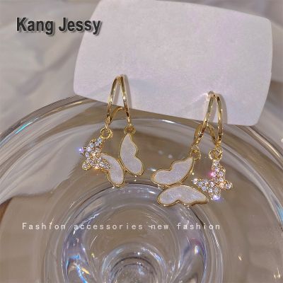 Kang Jessy ต่างหูรูปผีเสื้อพู่เพทายฝังไมโครเพทายสำหรับผู้หญิงต่างหูหรูหราเบาๆดีไซน์หรูประณีต 925 เข็มเงิน