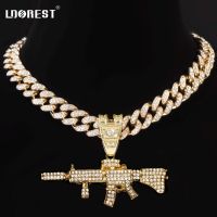 HipHop Bling AK47 Gun Pendant Necklace Women Men 13mm Cuban Miami Cuban Link Necklaces Chunky Metal Chain Rock Jewelry Wholesale Fashion Chain Necklac