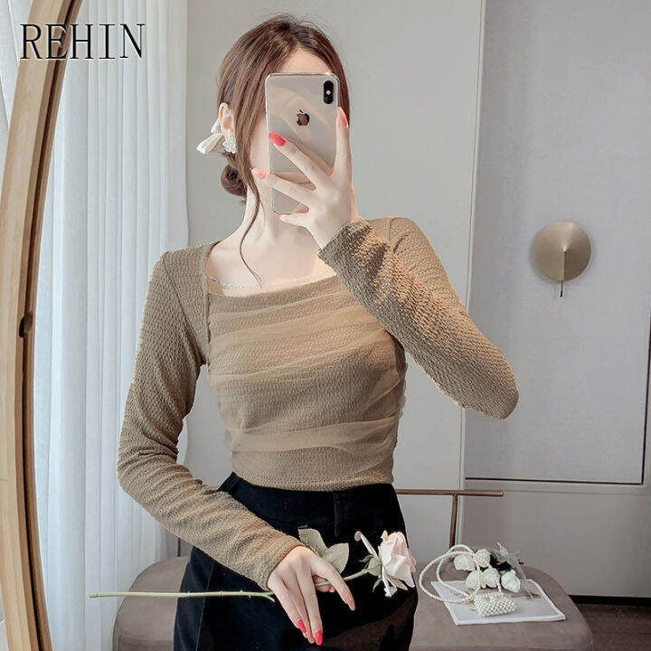 rehin-ของผู้หญิงฤดูใบไม้ร่วงใหม่ตาข่ายเย็บปะติดปะต่อกันสแควร์คอเสื้อแขนยาวด้วยเพชรแต่งแนวโน้มเสื้อ