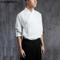 INCERUN ผู้ชายเสื้อวินเทจสีทึบแขนยาวลูกไม้ขึ้น H Anfu หรูหรายืนปกสไตล์จีนชายเสื้อ R เสื้อ5XL