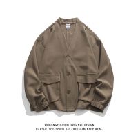 Japanese retro waffle pocket V-neck long-sleeved shirt mens loose bf style casual jacket coat 【BYUE】