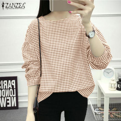 (สินค้ามาใหม่)(จัดส่งฟรี)Fancystyle ZANZEA เสื้อลำลองผู้หญิงลายเสื้อพิมพ์ลายตาข่ายหลวมแขนพัฟเสื้อยืดคอกลม #8