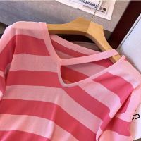 Spot parcel post Sneaky Design Hollow Design Stripes T T-shirt Womens Summer New Large Size Fat Sister Slim Fit Slimming Ice Silk Top