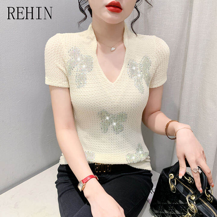 rehin-เสื้อแฟชั่นฤดูร้อนสำหรับผู้หญิง-เสื้อคอวีติดโบว์ประดับสีพื้นแบบสลิมเสื้อแขนสั้น