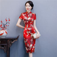 【CW】Summer New Cheongsam Mid Long Slim Dress Yarn Short Sleeve Vintage Dresses for Women M to 4XL