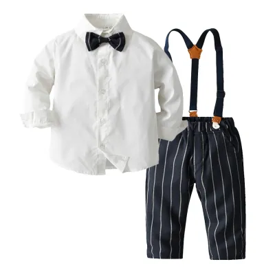 Top and Top Little Boy Clothes 2Pcs Outfits with Casual Bow Tie Long Sleeve Tops+Striped Overalls Pants Suits Kids Clothing Set