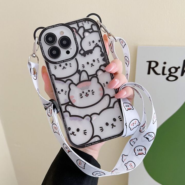 สินค้าใหม่ในสต็อก-หมีน่ารักที่มีเชือกเส้นเล็กกรณีโทรศัพท์สำหรับ-iphone-14-13-11-12-pro-max-xs-x-xr-8-7-14บวกการ์ตูนแมว-soft-tpu-ปกกันชน