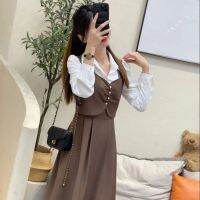 [COD] French retro long-sleeved fake two-piece dress womens 2022 autumn and winter new style waist-covering meat mid-length