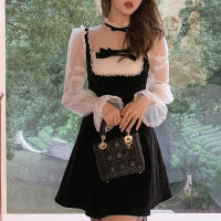 2021French Vintage Dress Women 2021 Spring Lace Fairy Velvet One Piece Dress Korean Petal Sleeve Evening Party Elegant Dress Female