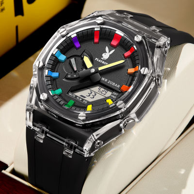 PLAYBOY นาฬิกาอิเล็กทรอนิกส์สำหรับผู้ชาย 2023 ใหม่แบรนด์หรูชั้นนำกันน้ำสายยางเดิมกีฬาแฟชั่นโครโนกราฟนาฬิกาปลุกจอแสดงผลคู่สมาร์ทวอทช์