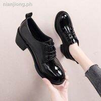 ﺴ◐Winter small black leather shoes women s mid-heel work thick heel high-heeled single professional formal wear lace-up autumn