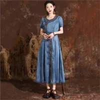 Johnature 2023 Summer Woman New Chinese Style Single Breasted Cheongsam Dress Disc Buckle Vintage Embroidery Cowboy Dress Haberdashery