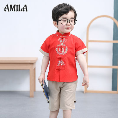 AMILA ฮันฟูสําหรับเด็ก ชุดสูทเด็กผู้ชาย เสื้อแขนสั้นยืนขึ้นปกสไตล์โบราณจีน ชุดฮันฟูผ้าฝ้ายและผ้าลินิน