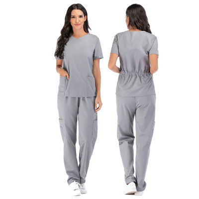 Nursing Working Uniform with Pocket Set Medical Uniform Nursing Uniform Pet Grooming Institution V-Neck Tops+Pants Scrubs Set