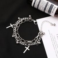 Gothic Hip Hop Metal Cross Pendant Charm Bracelet for Women Female Beads 2 Layering Linked Chain Bracelets Cool Jewelry Gift