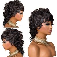 【jw】✿◄◎  Short Cut Deep Wigs With Bangs 200 Density Glueless Machine Made Wig Curly Human Hair