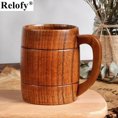 320ml Retro Handle Cup Single Wooden Mugs Whole Body Wooden Beer Cup Family Breakfast Oat Mugs Juice Coffee Mugs Drinkware
