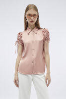 f.fashion เสื้อเชิ้ตเบลาส์แต่งแขนผูกย่น ผู้หญิง สีชมพู | Ruched Sleeve Shirt Blouse | 06027