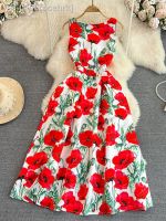 ☾✎ ocehrk Verão Floral Tanque Vestido das Mulheres Sem Mangas O Pescoço de Cintura Alta Flor Imprimir Longo Bezerro Comprimento Beach Vestidos